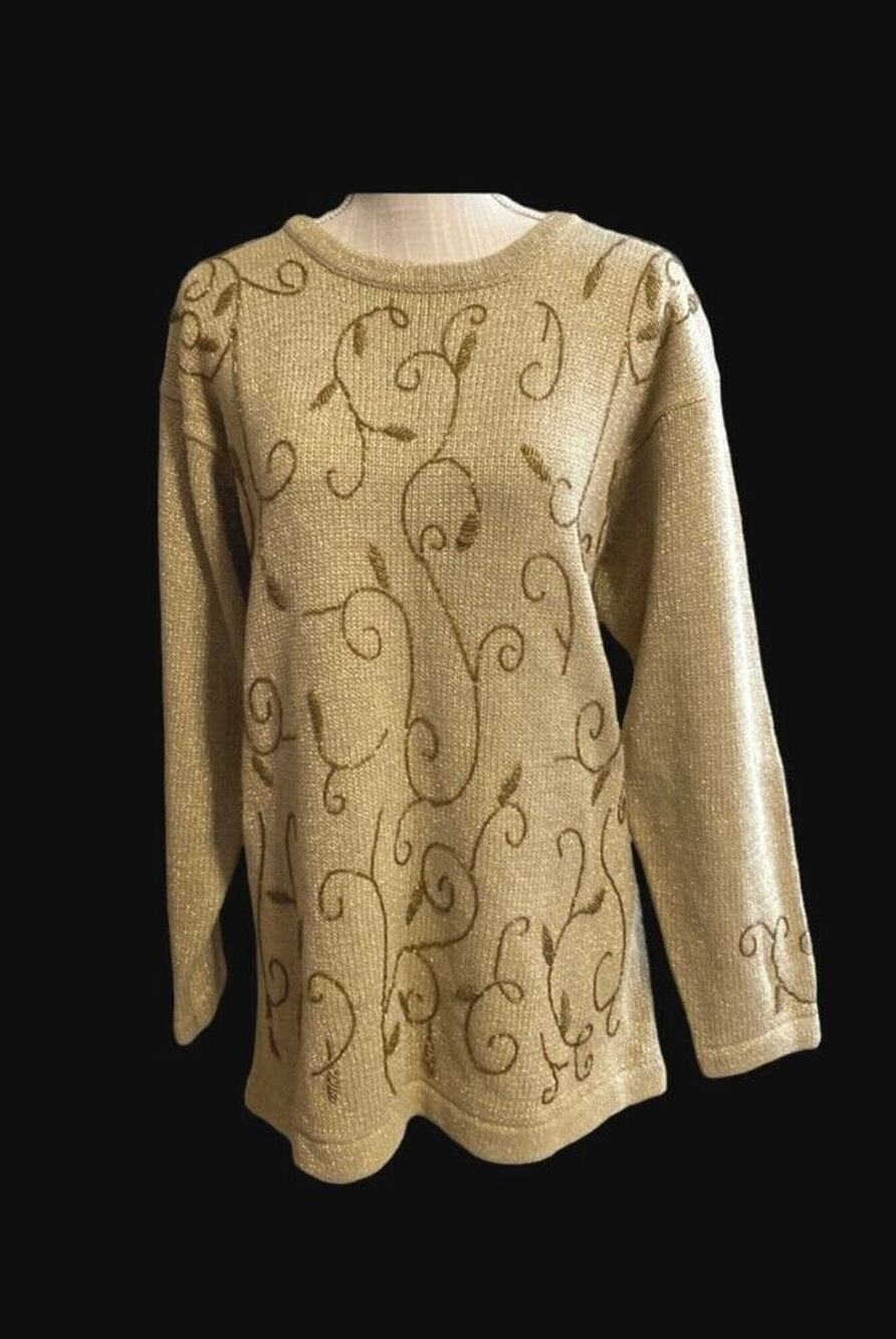 Beaded Sweater Women’s 18/20 Vtg Holiday Gold Boho Chic Fitting Image 80's